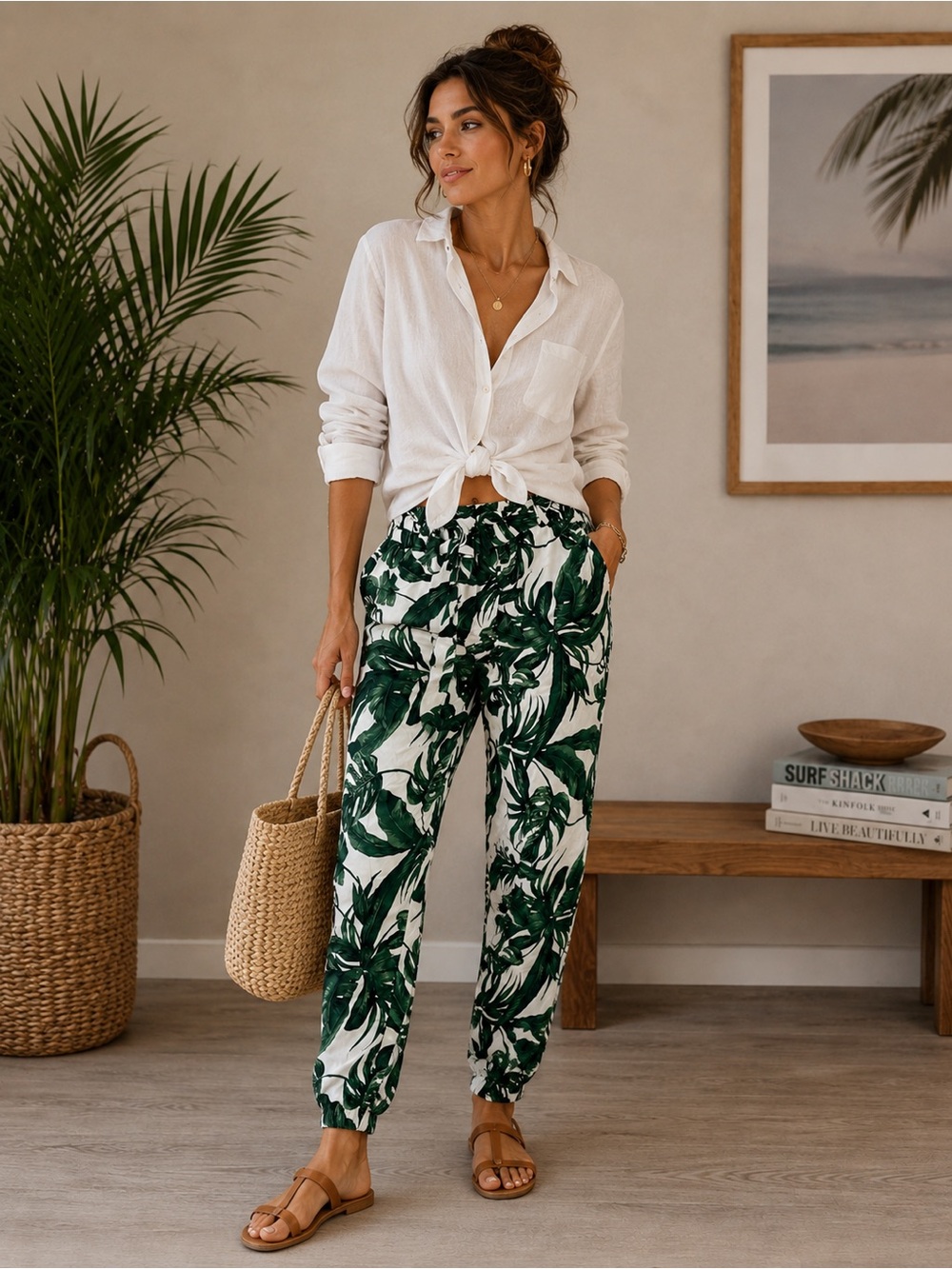 H&M White Joggers with Green Tropical Leaf Print